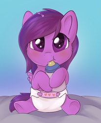 Size: 1655x2010 | Tagged: safe, artist:dbleki, oc, oc only, oc:emilia starsong, pegasus, pony, baby, baby bottle, baby pony, blue background, bottle, chewing, cute, diaper, eating, feathered wings, female, filly, looking at you, ponysona, simple background, solo, spread wings, wings