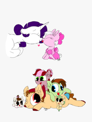 Size: 800x1066 | Tagged: safe, artist:doodletheexpoodle, rarity, oc, oc:apple clafoutis, oc:apple fritter, oc:butterscotch, oc:neapolitan, oc:toasted strudel, earth pony, pony, unicorn, g4, alternate hairstyle, baby, baby pony, boop, bow, clothes, colt, dress, female, filly, hair bow, heart, male, mother and child, mother and daughter, noseboop, offspring, parent:applejack, parent:big macintosh, parent:cheese sandwich, parent:rarity, parents:cheesejack, parents:rarimac, pony pile, siblings, simple background, tongue out, white background