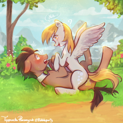 Size: 2700x2700 | Tagged: safe, artist:bubblepurity, derpy hooves, doctor whooves, time turner, earth pony, pegasus, pony, g4, accident, background pony, blushing, chat, cute, derp, derpabetes, exclamation point, female, food, heart, heart eyes, high res, lying down, male, mare, muffin, on back, ponyville, question mark, ship:doctorderpy, shipping, sitting, sitting on person, sitting on pony, straight, tail, tail wiggle, tree, wingding eyes, wings