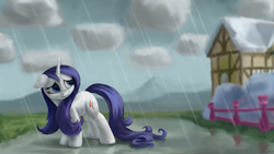 Size: 4000x2250 | Tagged: safe, artist:flusanix, rarity, pony, unicorn, g4, magical mystery cure, alternate cutie mark, blue eyes, checkered clouds, day, female, fence, floppy ears, hair physics, high res, horn, house, long mane, mare, outdoors, rain, sad, scene interpretation, solo, standing, swapped cutie marks, wet, wet mane, wet mane rarity
