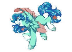 Size: 2876x2085 | Tagged: safe, artist:holidaye, oc, oc only, oc:lola tide, pegasus, pony, colored wings, eyes closed, female, high res, jewelry, mare, necklace, open mouth, open smile, outline, pearl necklace, seashell, simple background, smiling, solo, transparent background, two toned wings, watermark, white outline, wings