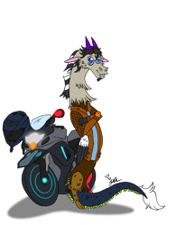 Size: 1092x1330 | Tagged: safe, alternate version, artist:diamond06mlp, oc, oc:paradox, draconequus, background removed, clothes, draconequus oc, male, motorcycle, signature, simple background, smiling, transparent background