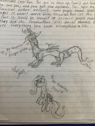 Size: 2448x3264 | Tagged: safe, artist:diamond06mlp, discord, fluttershy, draconequus, pegasus, pony, g4, duo, female, flying, heart, high res, lineart, lined paper, mare, smiling, traditional art, wings