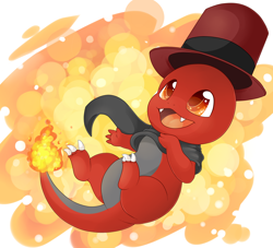 Size: 3118x2834 | Tagged: safe, artist:schokocream, oc, oc only, oc:toonkriticy2k, charmander, pony, abstract background, clothes, hat, high res, male, open mouth, pokefied, pokémon, scarf, smiling, solo, species swap, top hat