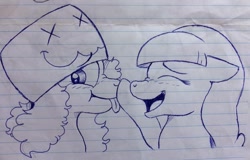 Size: 960x616 | Tagged: safe, artist:milledpurple, oc, oc only, earth pony, pony, :p, boop, bust, duo, earth pony oc, eyes closed, female, floppy ears, gravity falls, lineart, lined paper, male, mare, open mouth, open smile, pacifica northwest, ponified, smiling, tongue out, traditional art