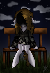 Size: 662x965 | Tagged: safe, artist:milledpurple, oc, oc only, earth pony, pony, bench, clothes, cloud, earth pony oc, female, hair over eyes, mare, outdoors, sitting, solo