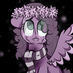 Size: 887x887 | Tagged: safe, artist:milledpurple, oc, oc only, pegasus, pony, clothes, colored wings, crying, eye clipping through hair, eyelashes, female, floral head wreath, flower, mare, pegasus oc, scarf, smiling, solo, two toned wings, wings