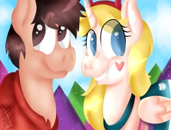 Size: 2048x1558 | Tagged: safe, artist:milledpurple, alicorn, earth pony, pony, alicornified, chest fluff, clothes, duo, eyelashes, female, grin, horn, male, marco diaz, mare, outdoors, race swap, signature, smiling, stallion, star butterfly, star vs the forces of evil, wings