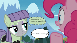 Size: 1064x598 | Tagged: safe, artist:14oliverhedgehog, artist:barrelslover, edit, edited screencap, screencap, maud pie, pinkie pie, earth pony, pony, g4, blue eyes, dialogue, duo, duo female, female, lidded eyes, living latex, living suit, mare, mountain, open mouth, remake, shrunken pupils, smiling, speech bubble, symbiote, thought bubble, tree, venom