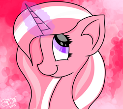 Size: 900x799 | Tagged: safe, artist:skypaw122, oc, oc only, pony, unicorn, abstract background, bust, glowing, glowing horn, horn, signature, smiling, solo, unicorn oc