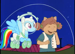 Size: 656x480 | Tagged: safe, artist:guihercharly, rainbow dash, pegasus, pony, g4, scare master, 1000 hours in ms paint, arthur, astrodash, astronaut, clothes, costume, crossover, driving, glass dome, laughing, space car, spaceship, sue ellen armstrong, the jetsons