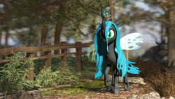 Size: 3840x2160 | Tagged: safe, artist:freasaloz, queen chrysalis, changeling, g4, 3d, crown, fence, forest, high res, jewelry, regalia, solo, source filmmaker, tree