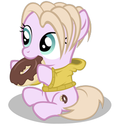 Size: 2940x3220 | Tagged: safe, artist:strategypony, oc, oc only, oc:lazzy butt, earth pony, pony, clothes, donut, earth pony oc, eating, female, filly, foal, food, high res, hoodie, hoof hold, looking up, shadow, simple background, sitting, solo, transparent background
