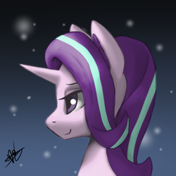 Size: 3000x3000 | Tagged: safe, artist:闪电_lightning, starlight glimmer, pony, unicorn, g4, abstract background, bust, female, gradient background, high res, horn, lidded eyes, mare, portrait, side view, signature, smiling, solo