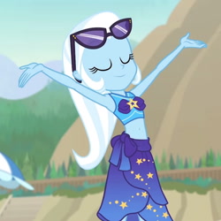 Size: 1920x1920 | Tagged: safe, screencap, trixie, equestria girls, equestria girls specials, g4, my little pony equestria girls: better together, my little pony equestria girls: forgotten friendship, beach, belly button, bikini, clothes, cropped, eyes closed, female, midriff, sarong, solo, sunglasses, sunglasses on head, swimsuit