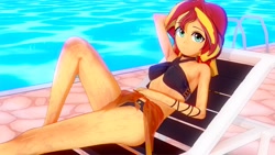Size: 1920x1080 | Tagged: safe, artist:hornydogo, sunset shimmer, human, equestria girls, g4, 3d, bare shoulders, beach chair, bikini, chair, clothes, female, koikatsu, sarong, sleeveless, solo, sunset shimmer's beach shorts swimsuit, swimming pool, swimsuit