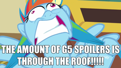 Size: 2190x1232 | Tagged: safe, edit, edited screencap, screencap, rainbow dash, pegasus, pony, g4, g5, grannies gone wild, season 8, caption, discovery family logo, faic, female, hair pulling, image macro, insanity face, mare, pigtails, rainbow dash is best facemaker, rainbowsnap, solo, text, text edit