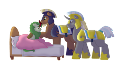 Size: 1280x640 | Tagged: safe, artist:itstechtock, oc, oc only, oc:emerald grove, oc:polished lance, oc:stoutheart, kirin, pony, unicorn, armor, beard, bed, blanket, facial hair, hoof shoes, horn, looking at someone, male, pillow, royal guard, short tail, simple background, stallion, tail, transparent background, trio, unicorn oc