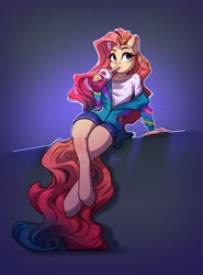 Size: 1516x2048 | Tagged: safe, artist:amishy, oc, oc only, oc:sheron, unicorn, anthro, unguligrade anthro, clothes, cup, drinking, drinking straw, female, not sunset shimmer, shirt, shorts, sitting, solo