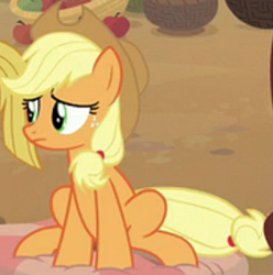 Size: 543x548 | Tagged: safe, screencap, applejack, earth pony, pony, a rockhoof and a hard place, g4, season 8, applejack's hat, cowboy hat, cropped, female, hat, mare, offscreen character, sitting, solo focus, stetson