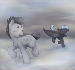 Size: 4147x3876 | Tagged: safe, artist:aquoquoo, rumble, thunderlane, pegasus, pony, g4, absurd resolution, brothers, cloud, colt, cute, duo, duo male, eyes closed, happy, male, open mouth, open smile, rumblebetes, running, siblings, smiling, stallion