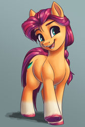 Size: 3000x4500 | Tagged: safe, artist:faline-art, sunny starscout, earth pony, pony, g5, backwards cutie mark, braid, colored hooves, eyebrows, female, mare, open mouth, open smile, raised hoof, smiling, solo, underhoof, unshorn fetlocks, walking
