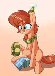 Size: 1600x2200 | Tagged: safe, artist:rocket-lawnchair, oc, oc only, oc:rusty gears, earth pony, pony, birthday, clothes, female, freckles, gradient background, hat, heterochromia, mare, party hat, present, scarf, sitting, smiling, socks, solo, striped socks