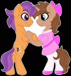 Size: 2179x2344 | Tagged: safe, artist:missbramblemele, tender taps, oc, oc:heroic armour, earth pony, pony, unicorn, g4, bipedal, bow, clothes, colt, crossdressing, dancing, dress, duo, duo male, eye contact, high res, hoof hold, looking at each other, male, ribbon, shoes, simple background, smiling, socks