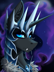 Size: 2000x2692 | Tagged: safe, artist:twotail813, nightmare moon, alicorn, pony, g4, armor, bust, eyeshadow, fangs, female, high res, horn, looking at you, makeup, portrait, solo