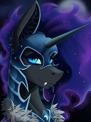 Size: 2000x2692 | Tagged: safe, alternate version, artist:twotail813, nightmare moon, alicorn, pony, g4, armor, bust, eyeshadow, fangs, female, high res, horn, looking at you, makeup, portrait, solo