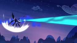 Size: 1920x1080 | Tagged: safe, screencap, nightmare moon, alicorn, pony, g4, princess twilight sparkle (episode), season 4, blast, ethereal hair, ethereal mane, ethereal tail, female, glowing, glowing eyes, glowing horn, helmet, hoof shoes, horn, jewelry, magic, magic blast, mare, peytral, regalia, solo, spread wings, starry mane, tail, wings