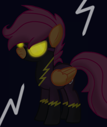 Size: 524x621 | Tagged: safe, artist:taeko, scootaloo, pegasus, pony, g4, angry, bad end, big tail, black outlines, clothes, costume, dark blue background, evil, evil scootaloo, eviloo, fanfic art, female, folded wings, frown, glowing, glowing eyes, goggles, lightning, mare, older, older scootaloo, orange body, orange outline, purple mane, purple outline, purple tail, scootaloo can fly, shading, shadowbolt scootaloo, shadowbolts, shadowbolts costume, shadowloo, show accurate, simple background, solo, spikey mane, tail, what if, wings