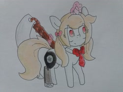 Size: 4128x3096 | Tagged: safe, artist:cherro, oc, oc only, oc:cherry blossom, pony, unicorn, amputee, bowtie, magic, scythe, solo, telekinesis, traditional art