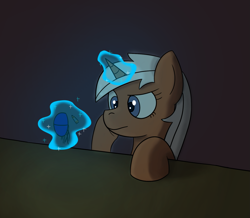 Size: 1597x1392 | Tagged: safe, artist:librarylonging, silver spanner, pony, unicorn, g4, earbuds, magic, magic aura, solo, table