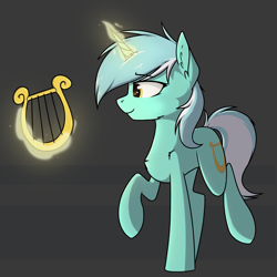 Size: 2137x2137 | Tagged: safe, artist:danger_above, lyra heartstrings, pony, unicorn, g4, ear fluff, female, glowing, glowing horn, high res, horn, levitation, lyre, magic, mare, musical instrument, raised hoof, raised leg, simple background, smiling, solo, standing, standing on two hooves, telekinesis