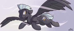 Size: 2226x942 | Tagged: safe, artist:kam, thunderlane, pegasus, pony, g4, :t, cutie mark, floppy ears, flying, male, smiling, solo, spread wings, stallion, wind, wings, yellow eyes