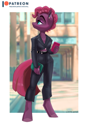 Size: 2713x4008 | Tagged: safe, artist:lummh, tempest shadow, unicorn, anthro, unguligrade anthro, g4, alternate hairstyle, broken horn, cellphone, clothes, female, horn, jacket, lidded eyes, looking sideways, midriff, pants, phone, solo, twilight sparkle's cutie mark