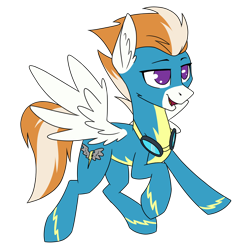Size: 2000x2000 | Tagged: safe, artist:danger_above, derpibooru exclusive, fire streak, pegasus, pony, clothes, ear fluff, goggles, high res, male, open mouth, raised hoof, simple background, solo, spread wings, stallion, transparent background, uniform, wings, wonderbolts uniform