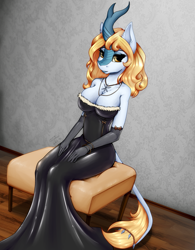 Size: 843x1080 | Tagged: safe, artist:shamziwhite, oc, oc only, oc:winter showers, kirin, anthro, breasts, cleavage, clothes, dress, female, gloves, horn, jewelry, latex, latex dress, long dress, long gloves, looking at you, sitting, solo, tail