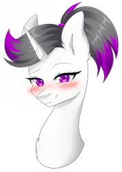 Size: 3003x4237 | Tagged: safe, artist:torihime, oc, oc only, oc:hazel radiate, pony, unicorn, blushing, bust, chest fluff, commission, commissioner:biohazard, ear fluff, eyebrows, eyelashes, female, head shot, heart eyes, high res, highlights, horn, looking at you, mare, ponytail, portrait, purple eyes, simple background, solo, transparent background, unicorn oc, wingding eyes, ych result