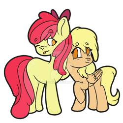Size: 900x900 | Tagged: safe, artist:firefox238, apple bloom, mango dash, earth pony, pegasus, pony, g4, ;p, deviantart watermark, female, filly, hoof on shoulder, hug, looking at each other, obtrusive watermark, one eye closed, simple background, smiling, tongue out, transparent background, watermark, wink