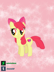 Size: 900x1200 | Tagged: safe, artist:redvelvetdania, apple bloom, earth pony, pony, g4, abstract background, apple bloom's bow, bow, female, filly, foal, hair bow, orange eyes, red mane, smiling, solo, standing