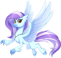 Size: 1040x992 | Tagged: safe, artist:scarlet-spectrum, oc, oc only, oc:ocean breeze, oc:ocean breeze (savygriffs), classical hippogriff, hippogriff, beak, chest fluff, claws, colored wings, ear fluff, female, fluffy, hippogriff oc, hoof fluff, jewelry, leg fluff, looking at you, simple background, slender, smiling, solo, spread wings, thin, transparent background, two toned wings, wing fluff, wings