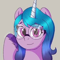 Size: 1156x1156 | Tagged: safe, artist:skylaedits, izzy moonbow, pony, unicorn, g5, my little pony: a new generation, bust, eye clipping through hair, eyebrows, eyebrows visible through hair, female, glasses, horn, mare, portrait, round glasses, scene interpretation, simple background, smiling, solo, unshorn fetlocks, watermark