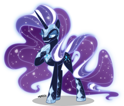 Size: 4000x3424 | Tagged: safe, artist:orin331, part of a set, nightmare rarity, pony, unicorn, g4, armor, corrupted, ethereal mane, evil, evil smile, eyelashes, female, grin, high res, hoof on chest, hoof shoes, horn, jewelry, lidded eyes, mare, nightmare, nightmarified, peytral, raised hoof, regalia, shadow, simple background, smiling, solo, standing, transparent background, vector