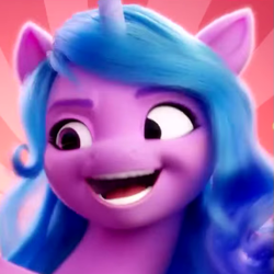 Size: 575x575 | Tagged: safe, screencap, izzy moonbow, pony, unicorn, g5, my little pony: a new generation, spoiler:my little pony: a new generation, 3d, bust, cropped, faic, female, horn, mare, open mouth, open smile, portrait, smiling
