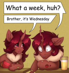Size: 2766x2921 | Tagged: safe, artist:argigen, oc, oc only, oc:flechette, oc:red flux, changeling, moth, mothling, original species, alcohol, beer, brother and sister, dialogue, female, high res, horn, male, meme, ponified meme, red changeling, siblings, speech bubble, tintin, wednesday