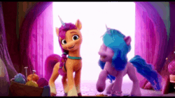 Size: 800x450 | Tagged: safe, edit, edited edit, screencap, izzy moonbow, sunny starscout, earth pony, pony, unicorn, g5, my little pony: a new generation, spoiler:my little pony: a new generation, 3d, animated, butt bump, cropped, disguise, duo, duo female, fake horn, female, fit right in (g5), gif, looking at each other, looking at you, shipping fuel, smiling
