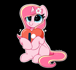 Size: 4018x3693 | Tagged: safe, artist:kittyrosie, oc, oc only, oc:rosa flame, pony, unicorn, black background, blue eyes, cute, eyelashes, floating heart, flower, flower in hair, heart, heart eyes, high res, hoof hold, horn, ocbetes, outline, patreon, patreon logo, signature, simple background, sitting, solo, unicorn oc, white outline, wingding eyes