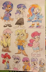 Size: 2666x4160 | Tagged: safe, artist:mirabuncupcakes15, apple bloom, applejack, diamond tiara, fluttershy, pinkie pie, rainbow dash, rarity, scootaloo, silver spoon, sweetie belle, twilight sparkle, human, g4, alternate hairstyle, applejack's hat, boots, clothes, converse, cowboy boots, cowboy hat, cutie mark crusaders, dark skin, eyeshadow, female, flats, freckles, graph paper, grin, hat, high heels, hoodie, horn, horned humanization, humanized, jacket, jeans, makeup, mane six, mane swap, open mouth, pants, rainbow socks, shirt, shoes, shorts, skirt, smiling, socks, striped socks, t-shirt, traditional art, vest, winged humanization, wings